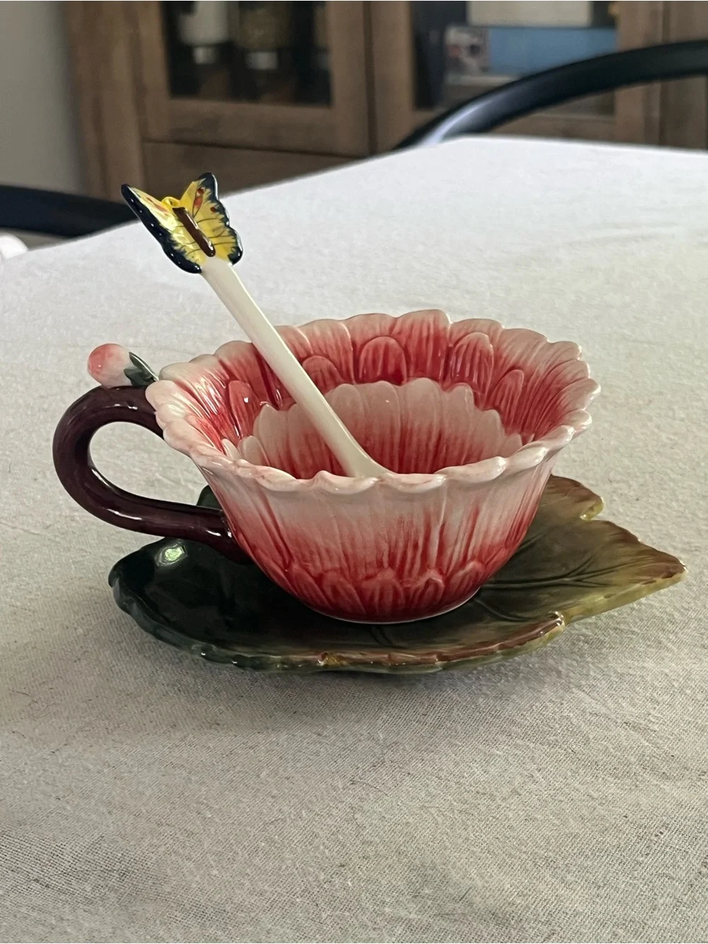 Whimsical Flower Ceramic Tea Cup and Saucer Set with Butterfly Spoon - Picture 2 of 5